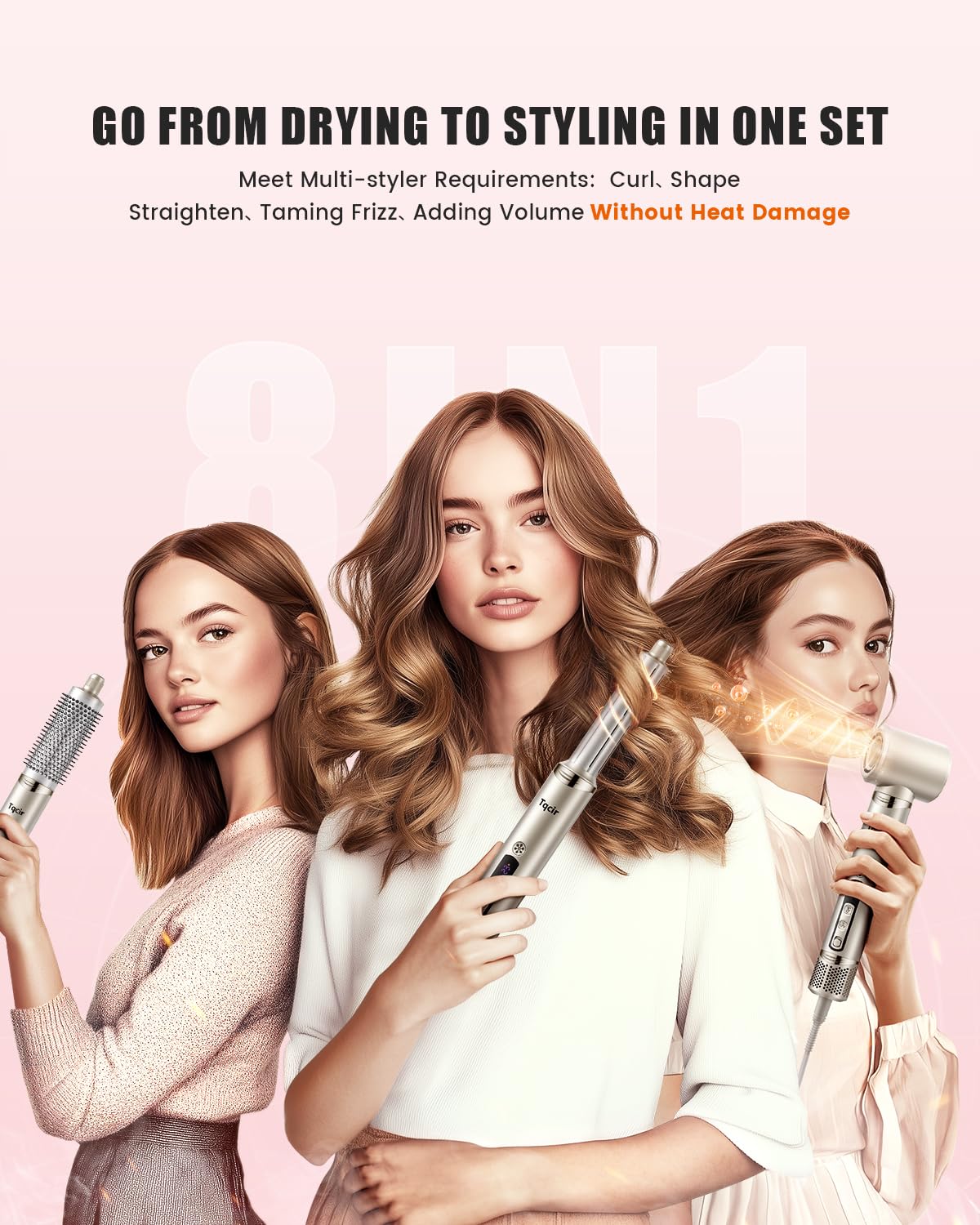 Tqcir multi-styler hair dryer brush showing all eight interchangeable salon styling attachments arranged neatly