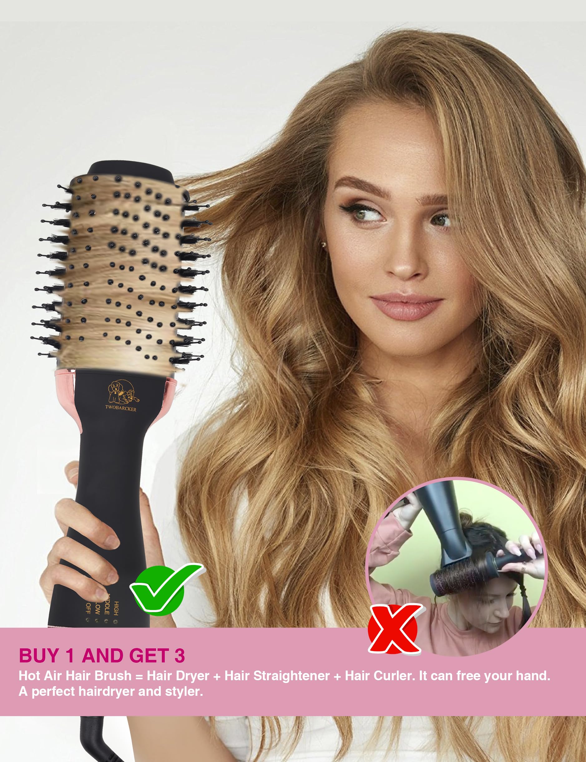 TWOBARCKER hot air straightening brush displaying the three adjustable heat settings control switch