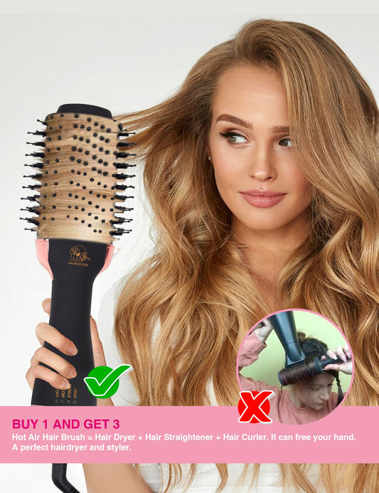 TWOBARCKER hot air straightening brush displaying the three adjustable heat settings control switch