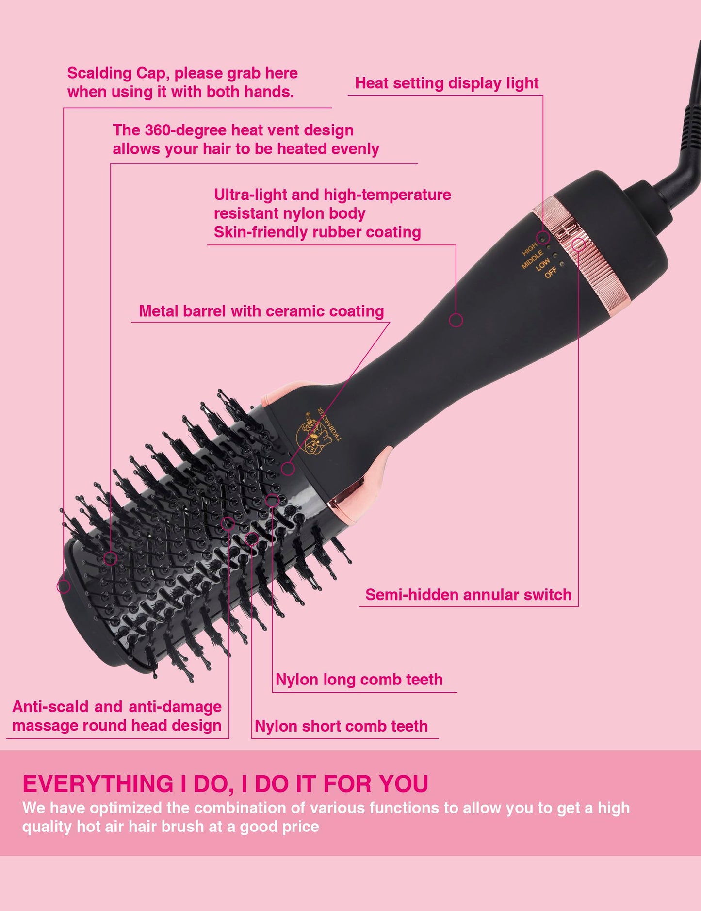 Lightweight 600g TWOBARCKER hair drying brush held at an angle highlighting the ergonomic handle