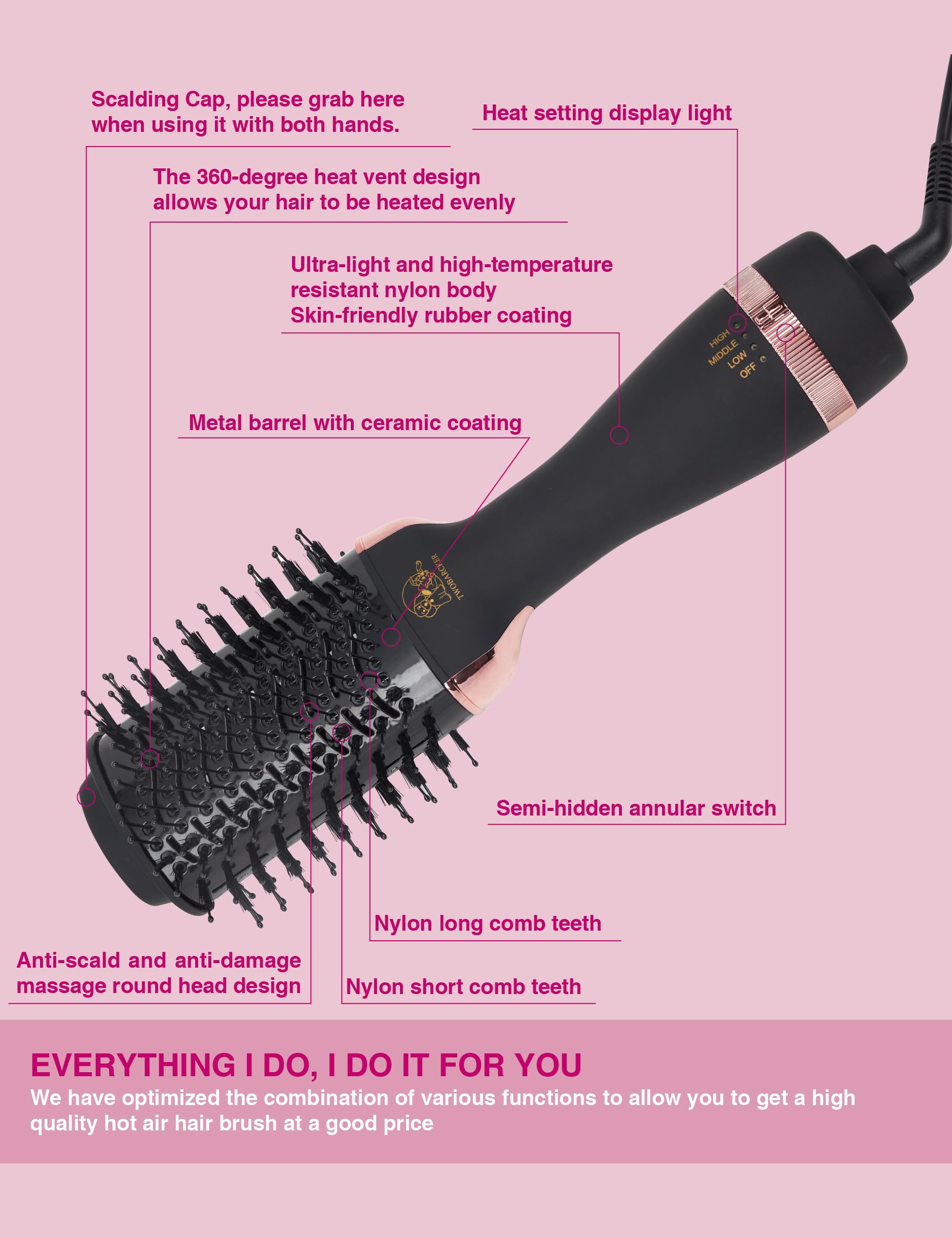 Lightweight 600g TWOBARCKER hair drying brush held at an angle highlighting the ergonomic handle