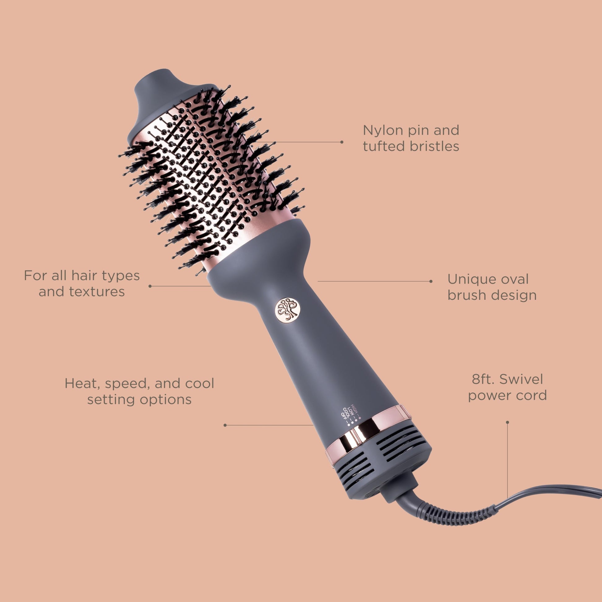 Lightweight matte grey hot air styling tool displaying the speed settings and cool shot button