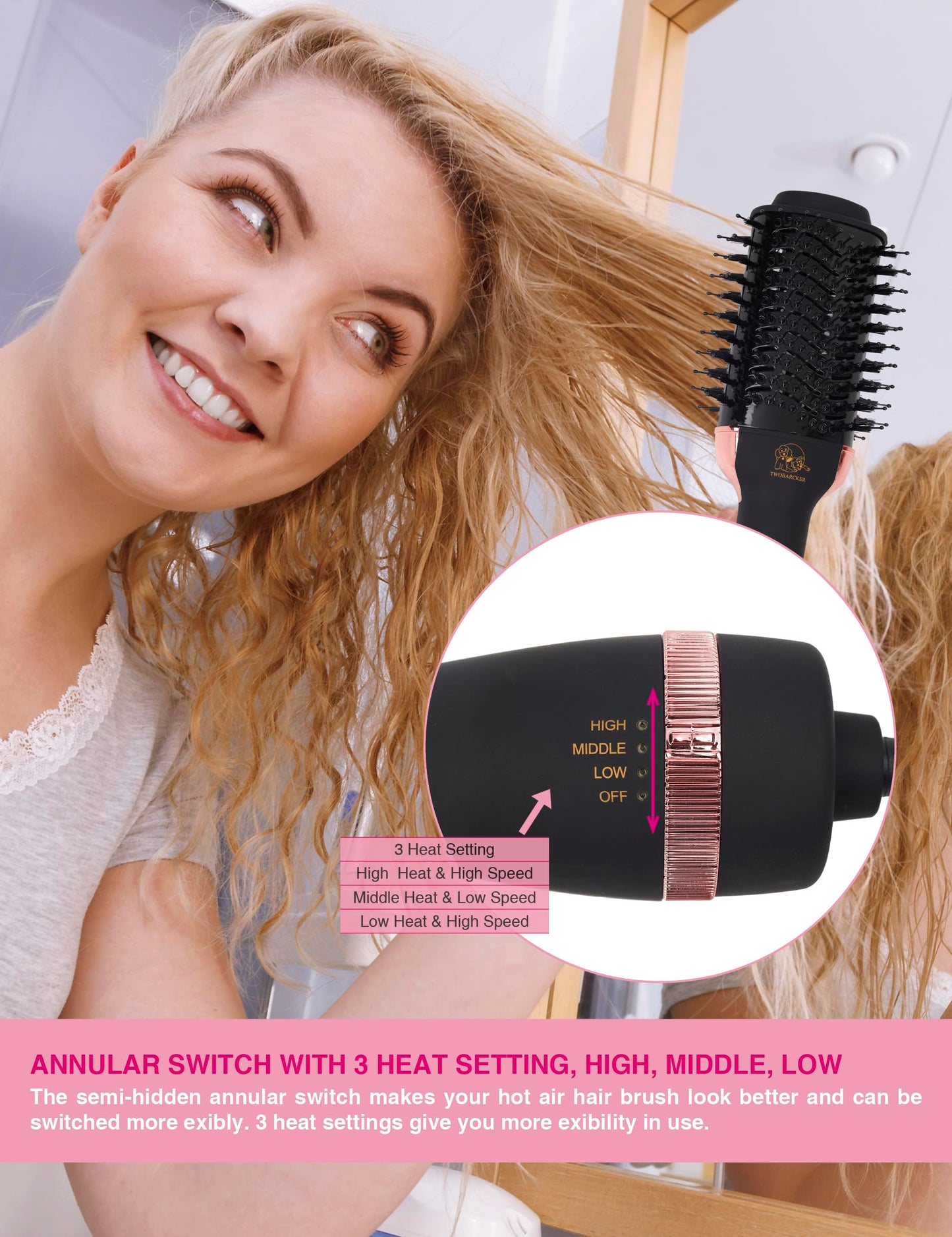 TWOBARCKER ionic hair styler displaying the flexible 360 degree rotating power cord base