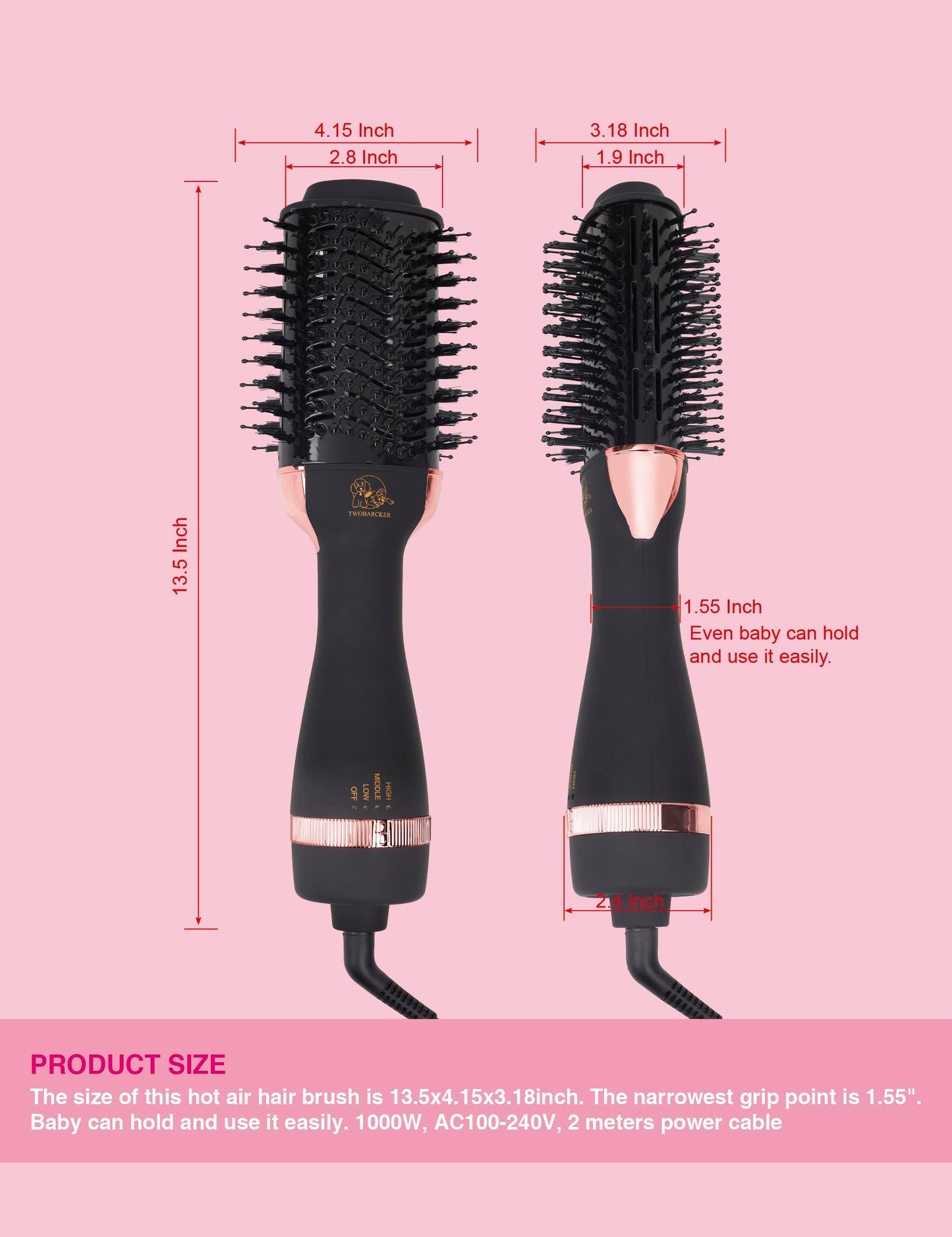 Side profile of TWOBARCKER salon styling tool illustrating the unique oval cylinder shape