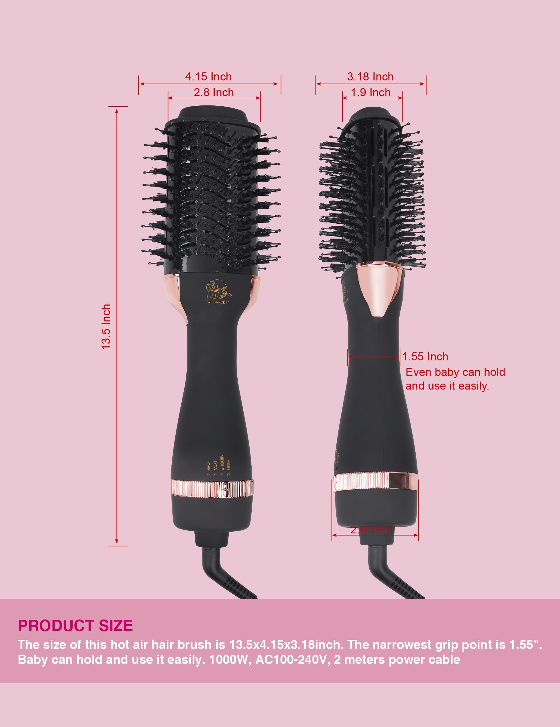 Side profile of TWOBARCKER salon styling tool illustrating the unique oval cylinder shape