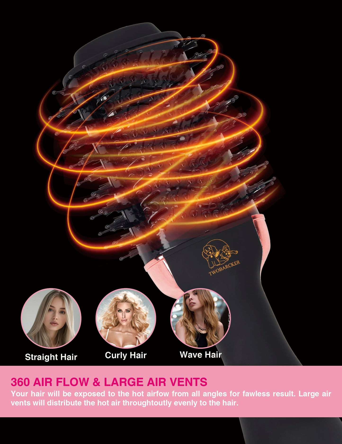 TWOBARCKER professional hair dryer brush close up view of the negative ion airflow vents