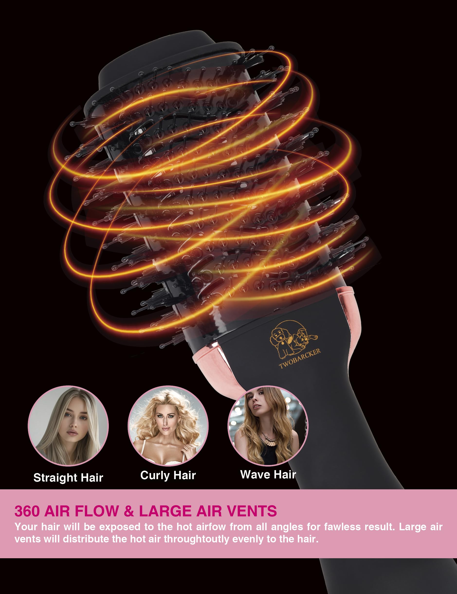TWOBARCKER professional hair dryer brush close up view of the negative ion airflow vents