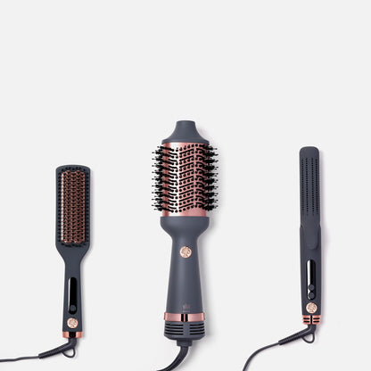 Hairitage one step blow dry brush packaging and styling barrel for creating sleek straight looks