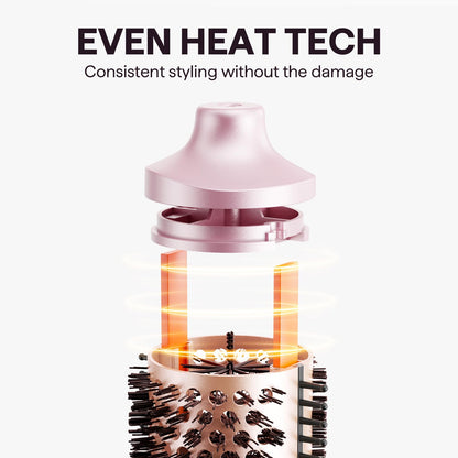 Pink travel friendly dual voltage thermal styling brush set packaging layout.