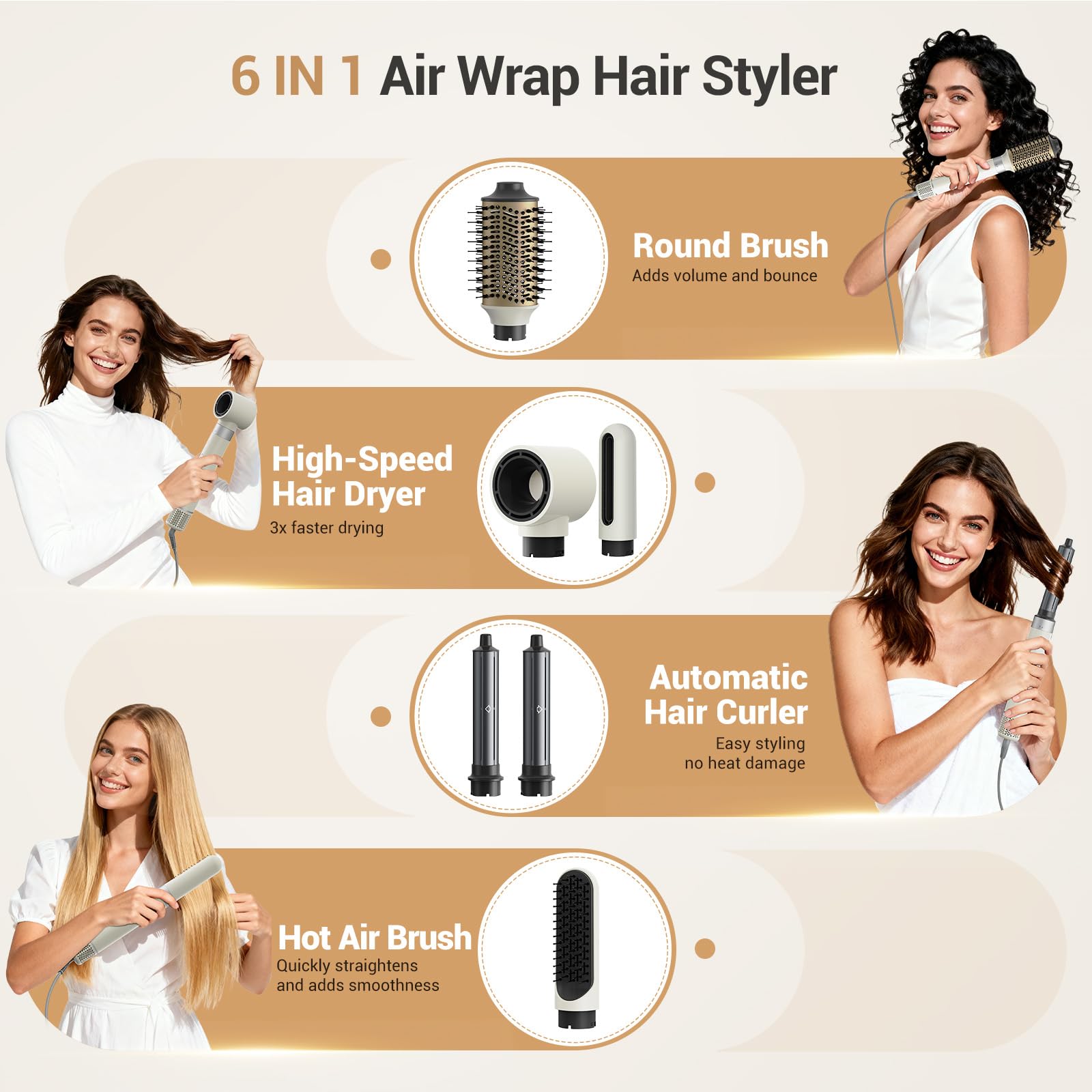 Zephyrluxe hot air styler with auto wrap curling barrels attached demonstrating the aerodynamic styling feature