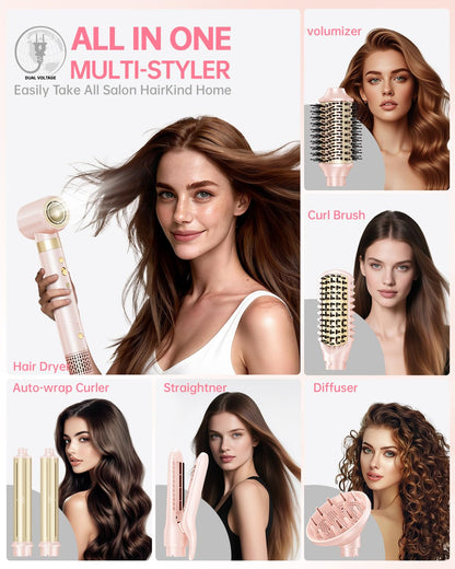 Webeauty hot air styler with interchangeable curling iron and straightener accessories arranged neatly.