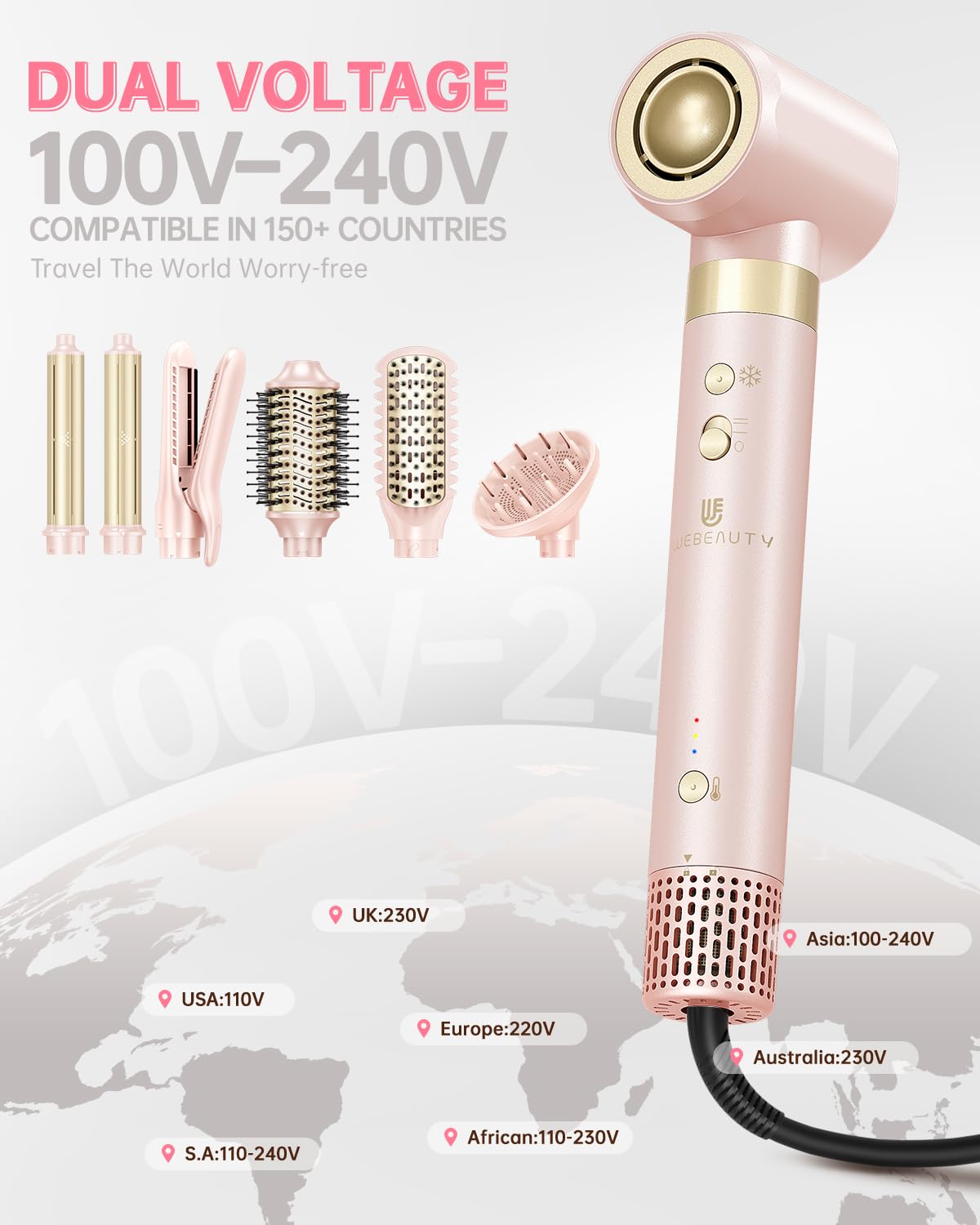 Webeauty 110,000 RPM hair dryer brush with the convenient three heat and speed setting control buttons.