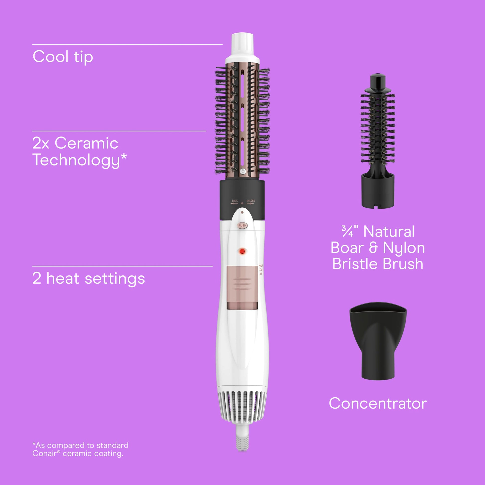 Conair 3-in-1 Hot Air Styling Kit with the interchangeable 1.25-inch thermal brush attachment detached.