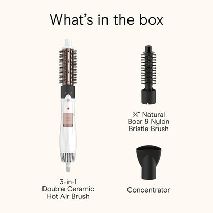 Complete packaging view of the imported Conair Double Ceramic Hot Air Brush Kit displaying all accessories.