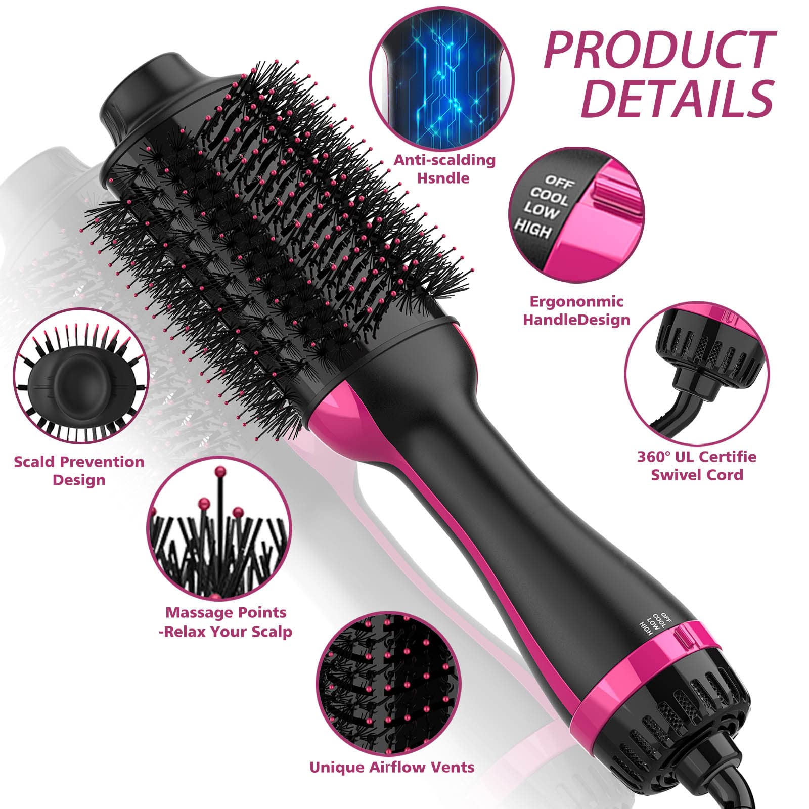 Dimecano salon blowout brush angle view showcasing the sleek black pink aesthetic