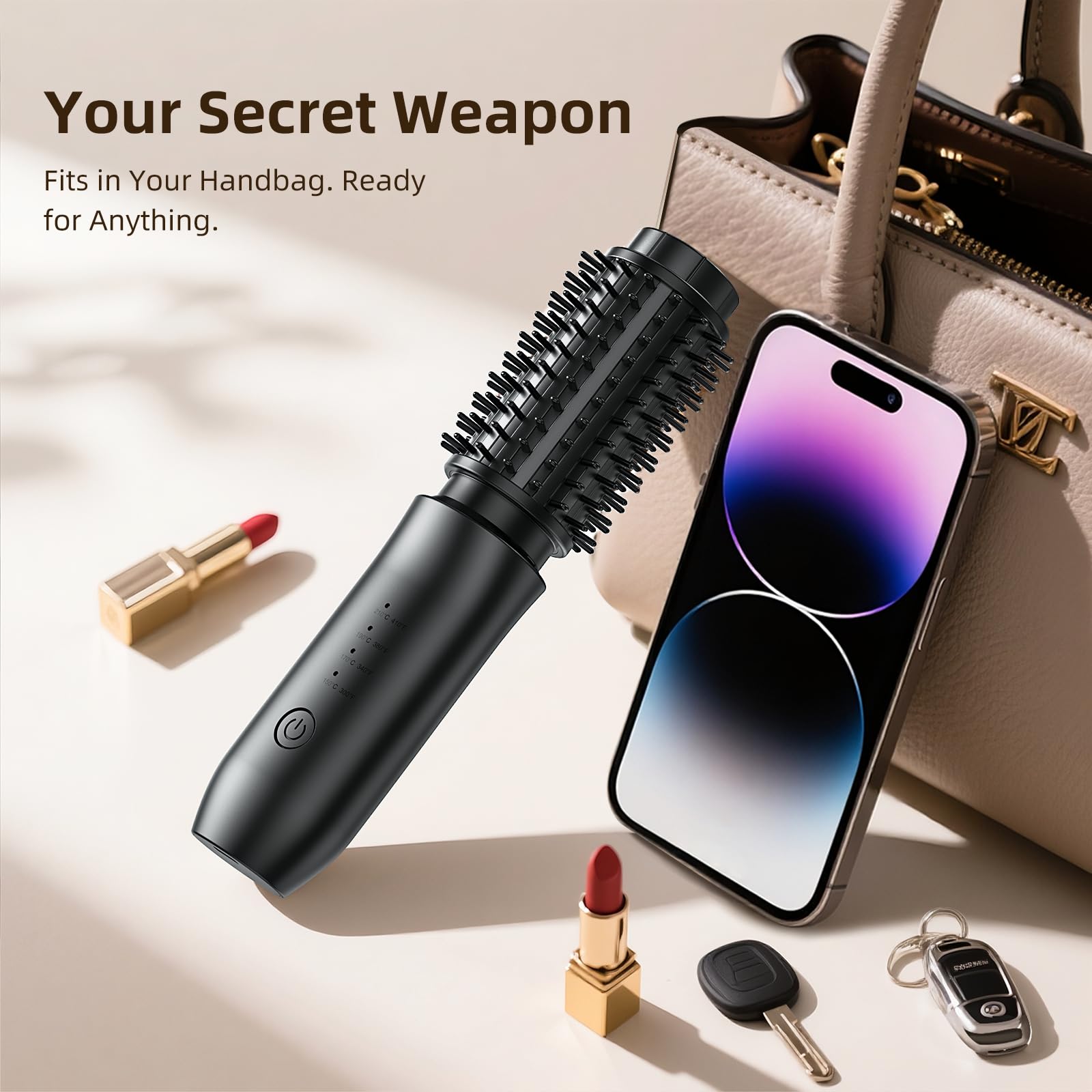 CARESKY mini travel hair curler being charged via its universal USB-C port for cordless operation.