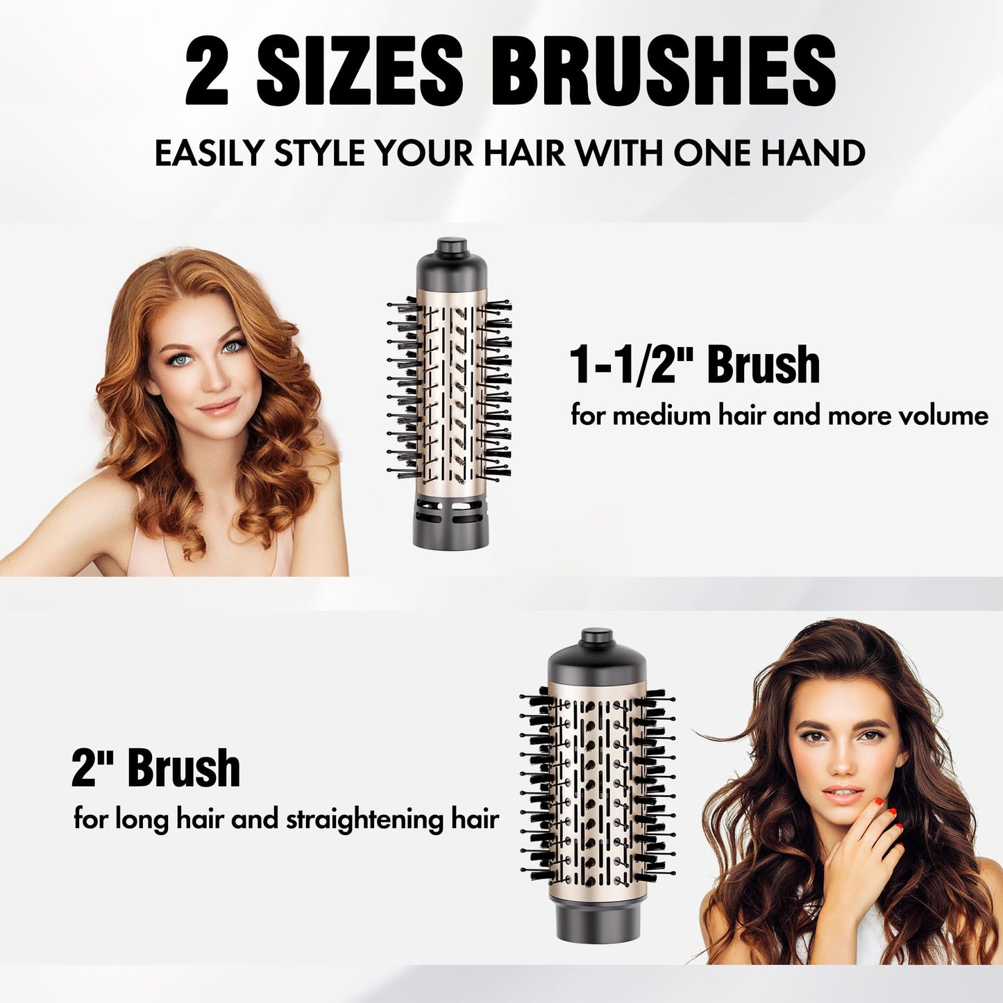 DAILYLIFE spinning blow dryer brush displaying the two direction auto rotation buttons and temperature control switch.