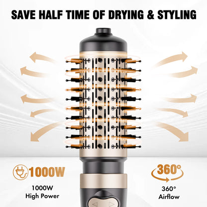 DAILYLIFE rotating hair dryer brush kit highlighting the professional ALCI safety plug and heavy duty cord.
