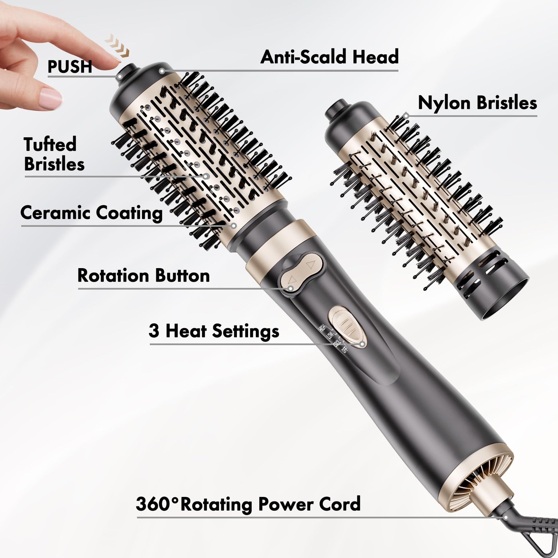DAILYLIFE ionic rotating hot air spin brush demonstrating the airflow vents that provide even heat distribution.