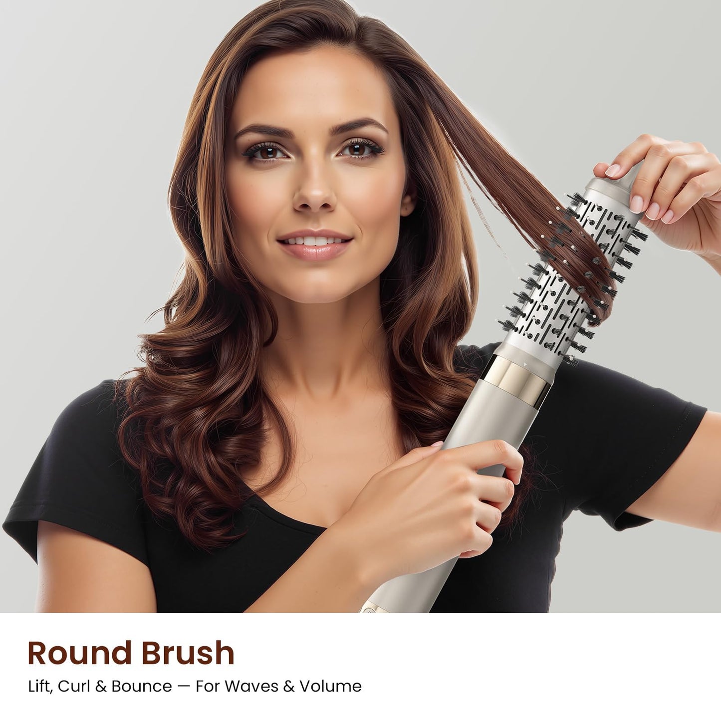 Demonstration of the MESCOMB hot air shaper kit smoothing out frizz on coarse hair using the paddle brush attachment