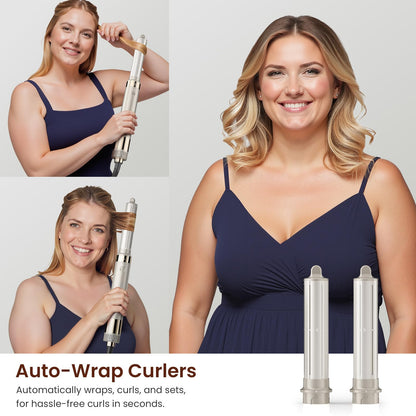 MESCOMB automatic curling barrel attachment utilizing Coanda tech to effortlessly wrap a section of hair for premium styling