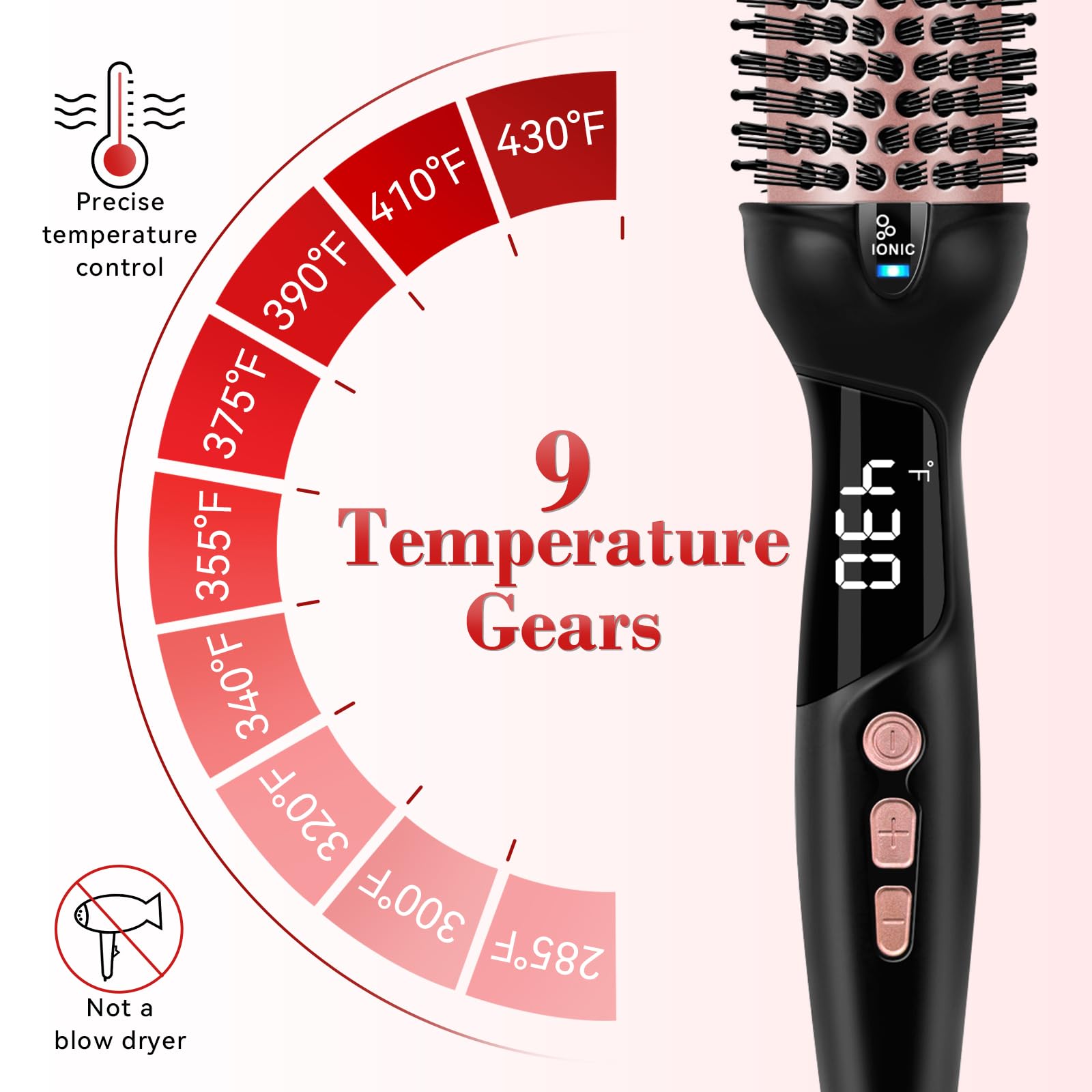 Ufree thermal blowout brush angled view highlighting the LED temperature adjustment controls and power button.
