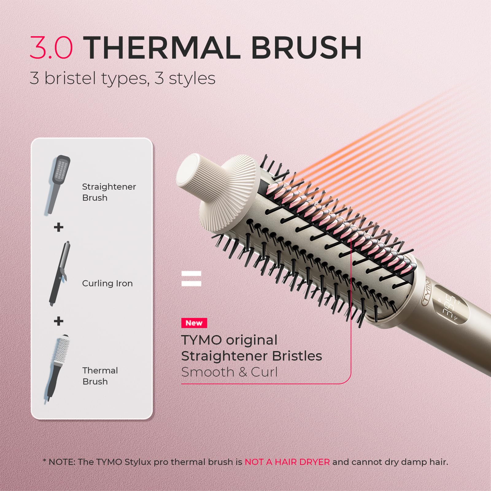 TYMO heated round volumizer brush showcasing the 3D wave-shaped teeth design for hair gripping.