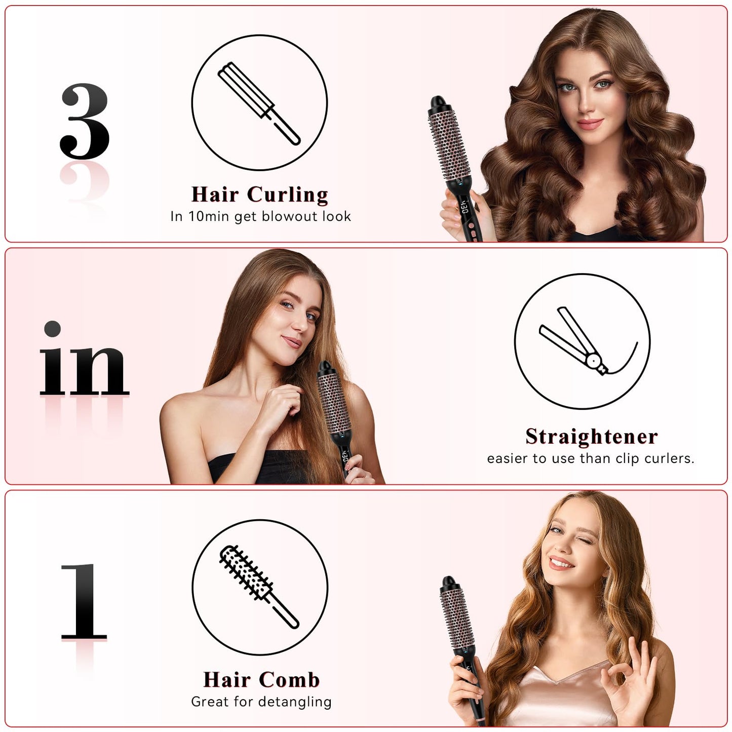Ufree ionic curling brush being held to demonstrate the ergonomic grip and lightweight build of the hair tool.