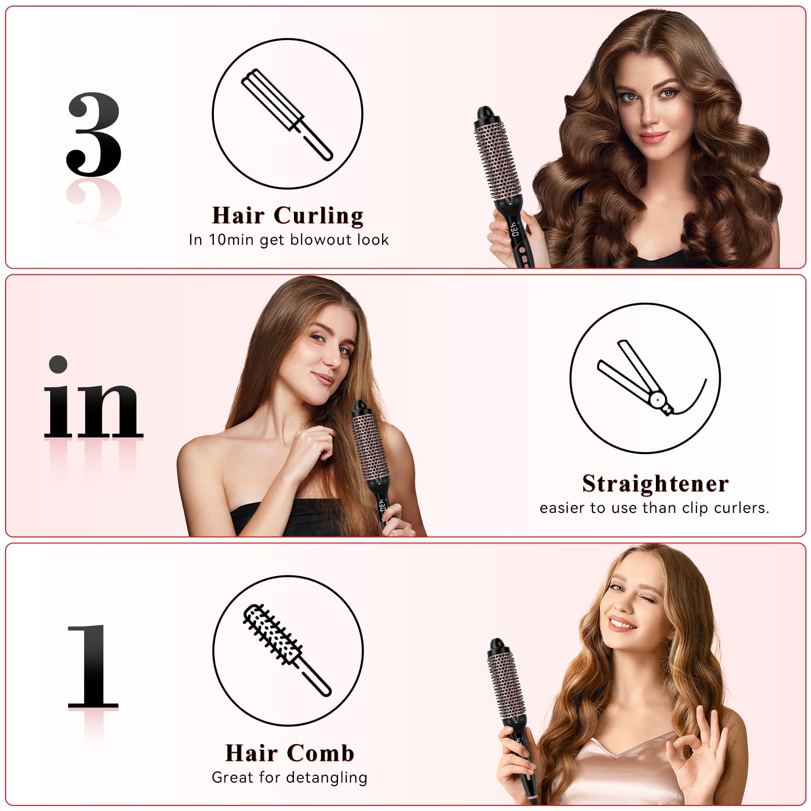 Ufree ionic curling brush being held to demonstrate the ergonomic grip and lightweight build of the hair tool.