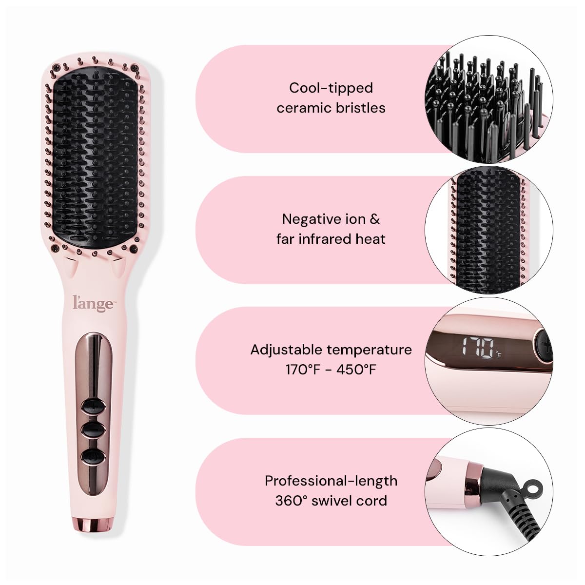Blush pink Le Vite hot hair brush straightener displayed from a side angle.