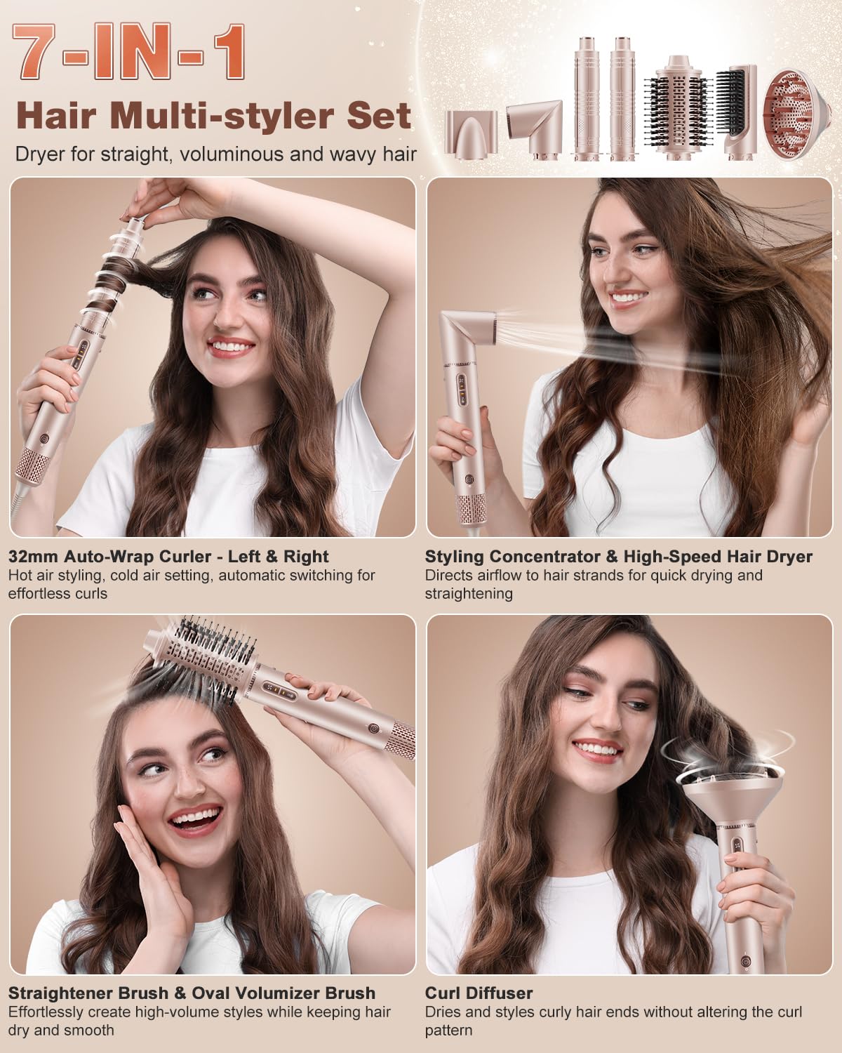 7MAGIC multi-styler base wand detached with all seven styling attachments neatly arranged.