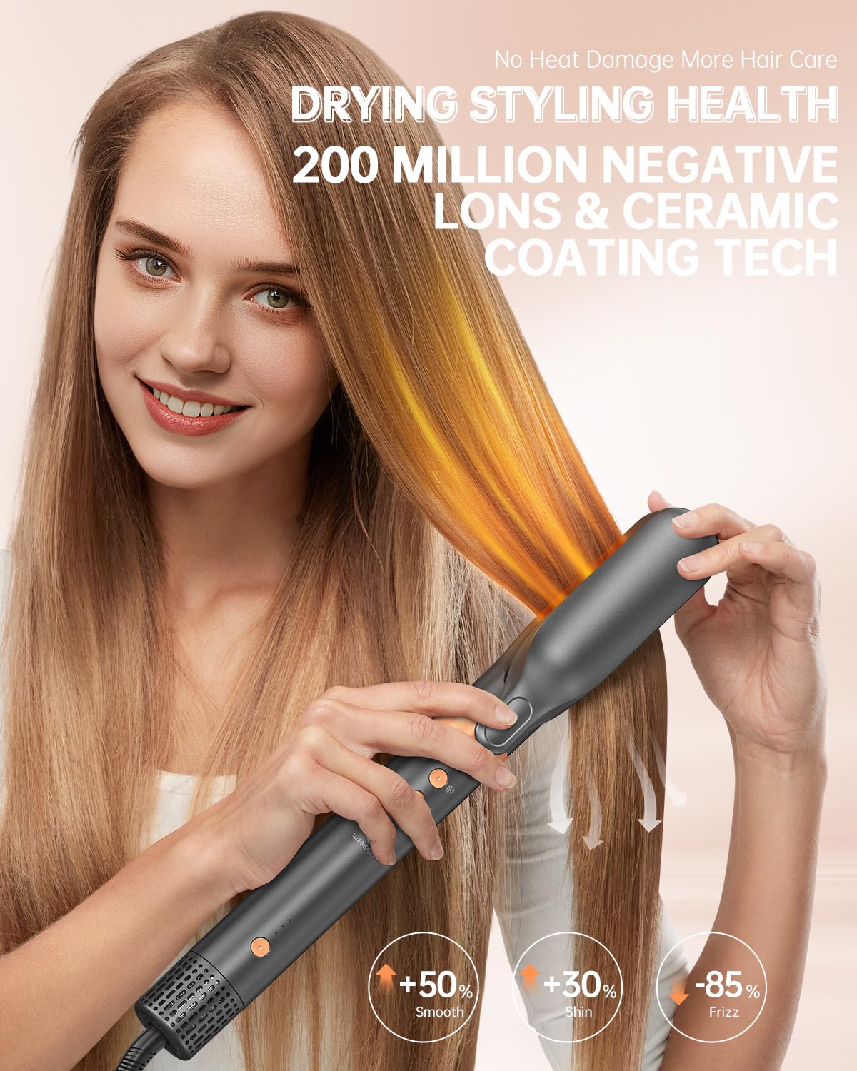 Webeauty hot air straightener attachment showcasing ceramic coated bristles for anti frizz