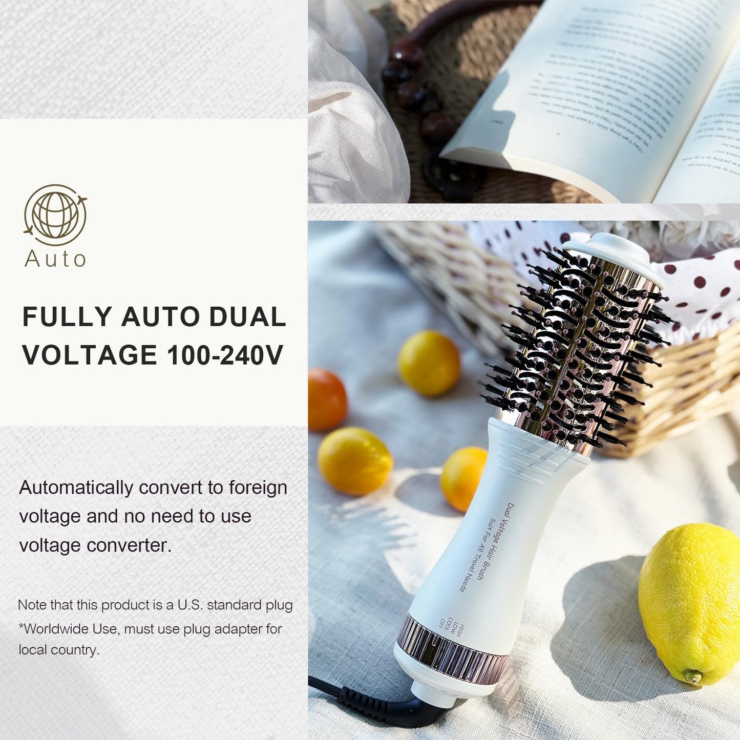 Olaermoso mini hot air brush shown with included European and United Kingdom plug adapters for international travel convenience.