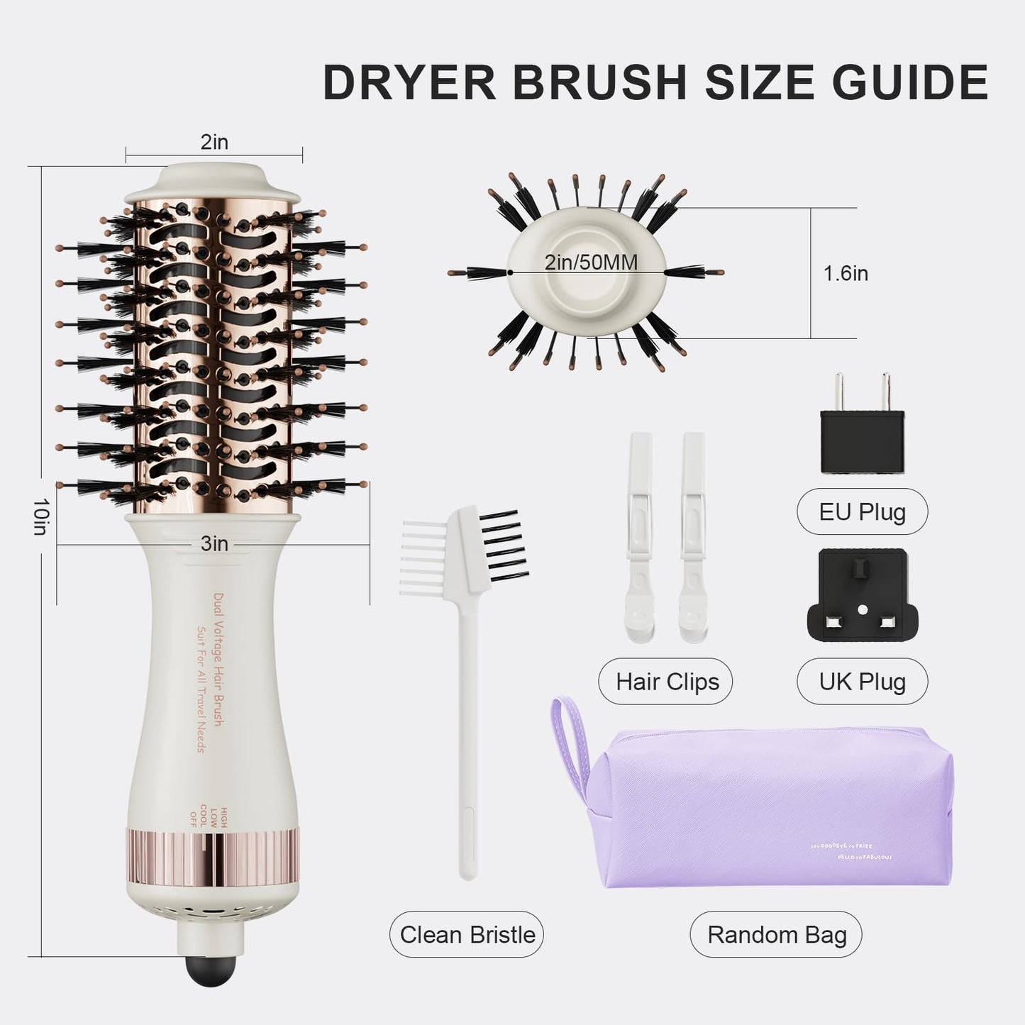 Side profile of the compact two inch mini hot air brush highlighting its lightweight and travel friendly dimensions.