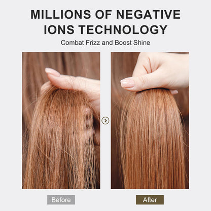 Olaermoso automatic dual voltage hair styling tool demonstrating sleek straightening and curling capabilities on hair strands.