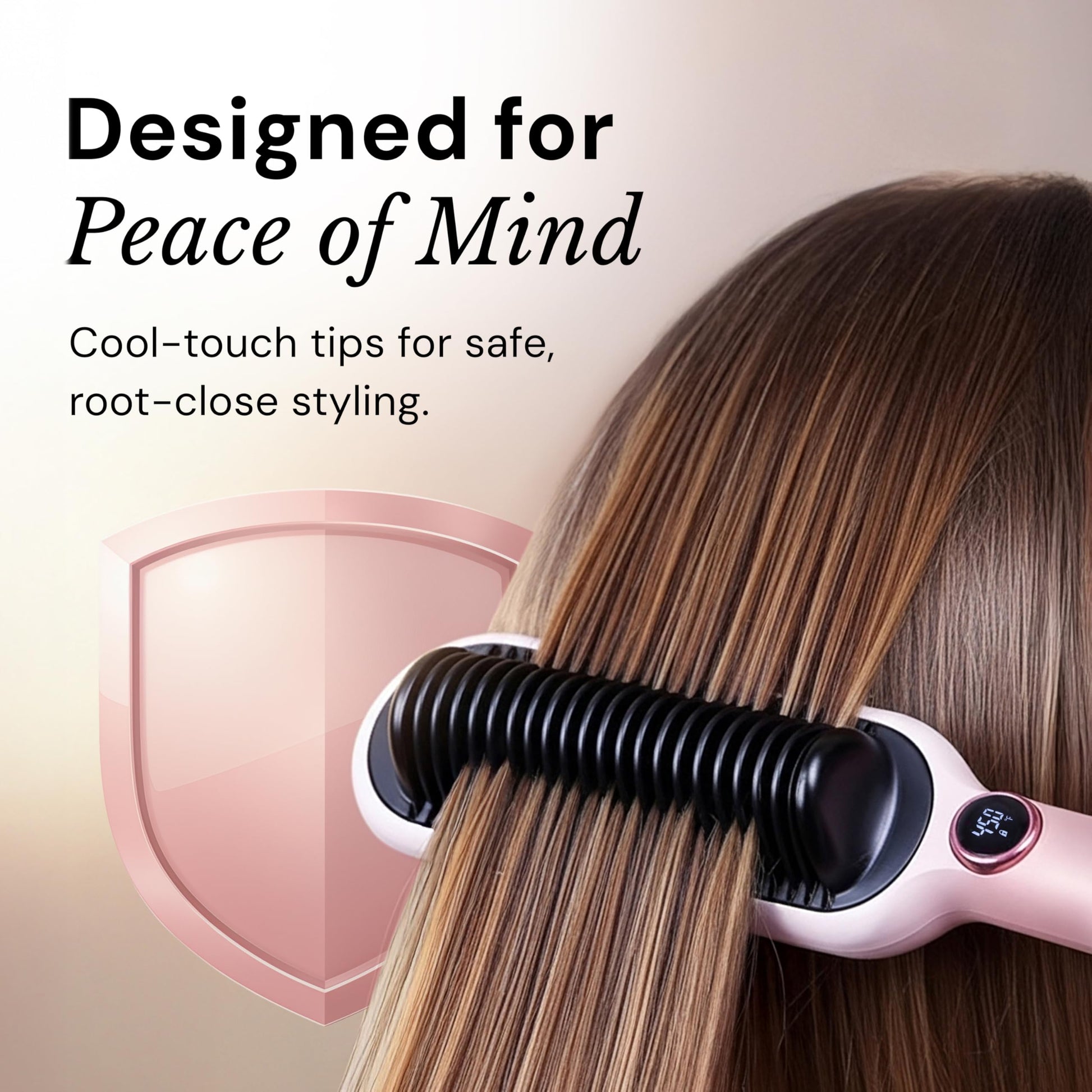Premium packaging and blush pink design of the L'ANGE HAIR digital hair straightener brush.