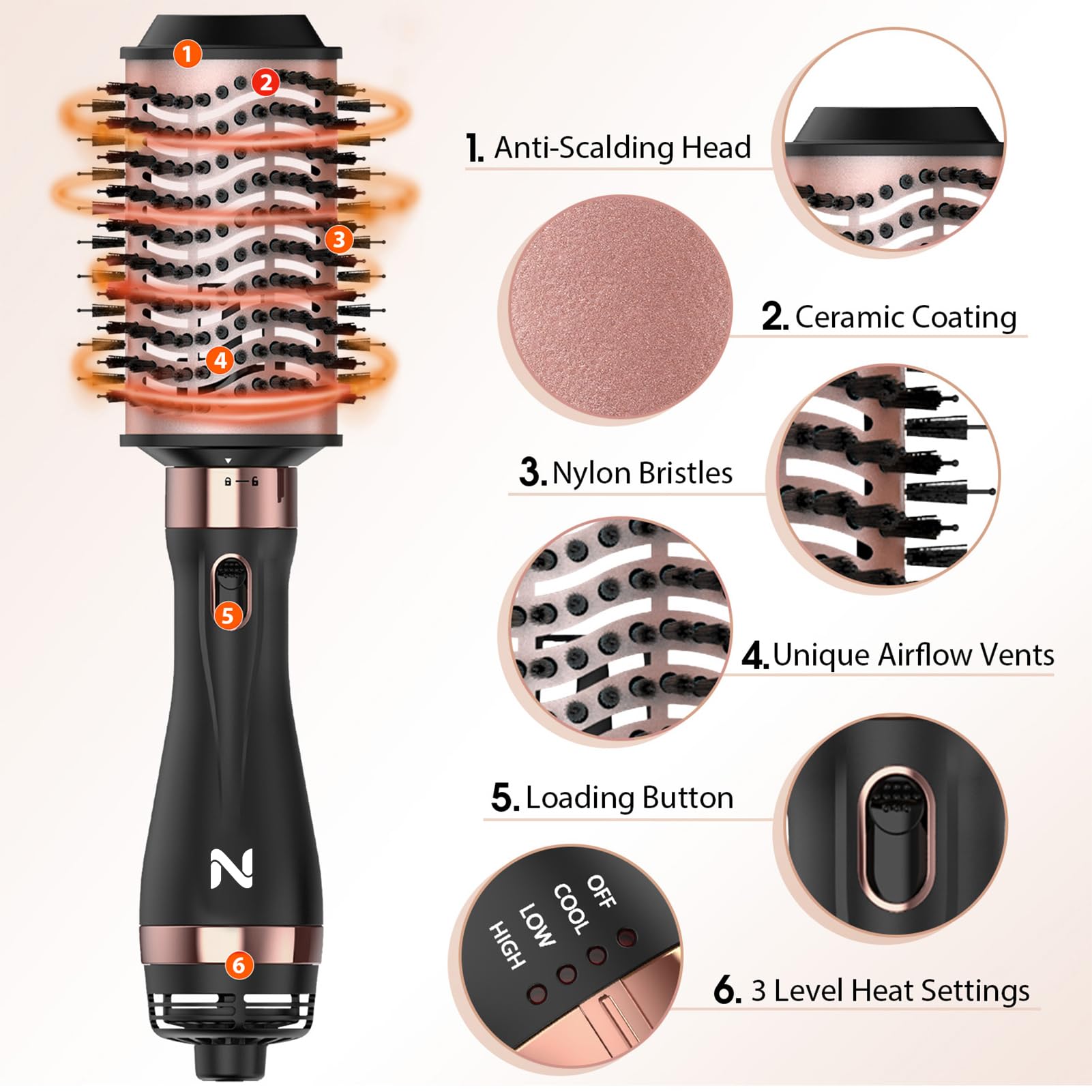 Natrial hot air volumizer close up highlighting the mixed nylon pins and braided bristles