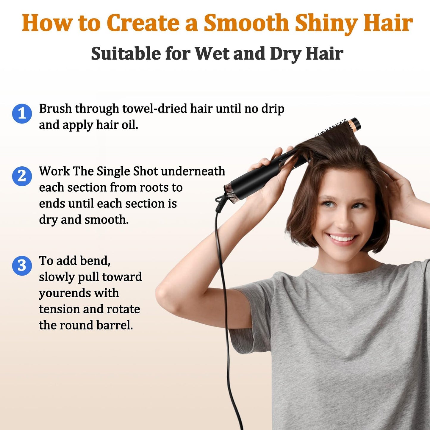 USbelff ionic blow drying brush showcasing the ergonomic handle and heat settings switch