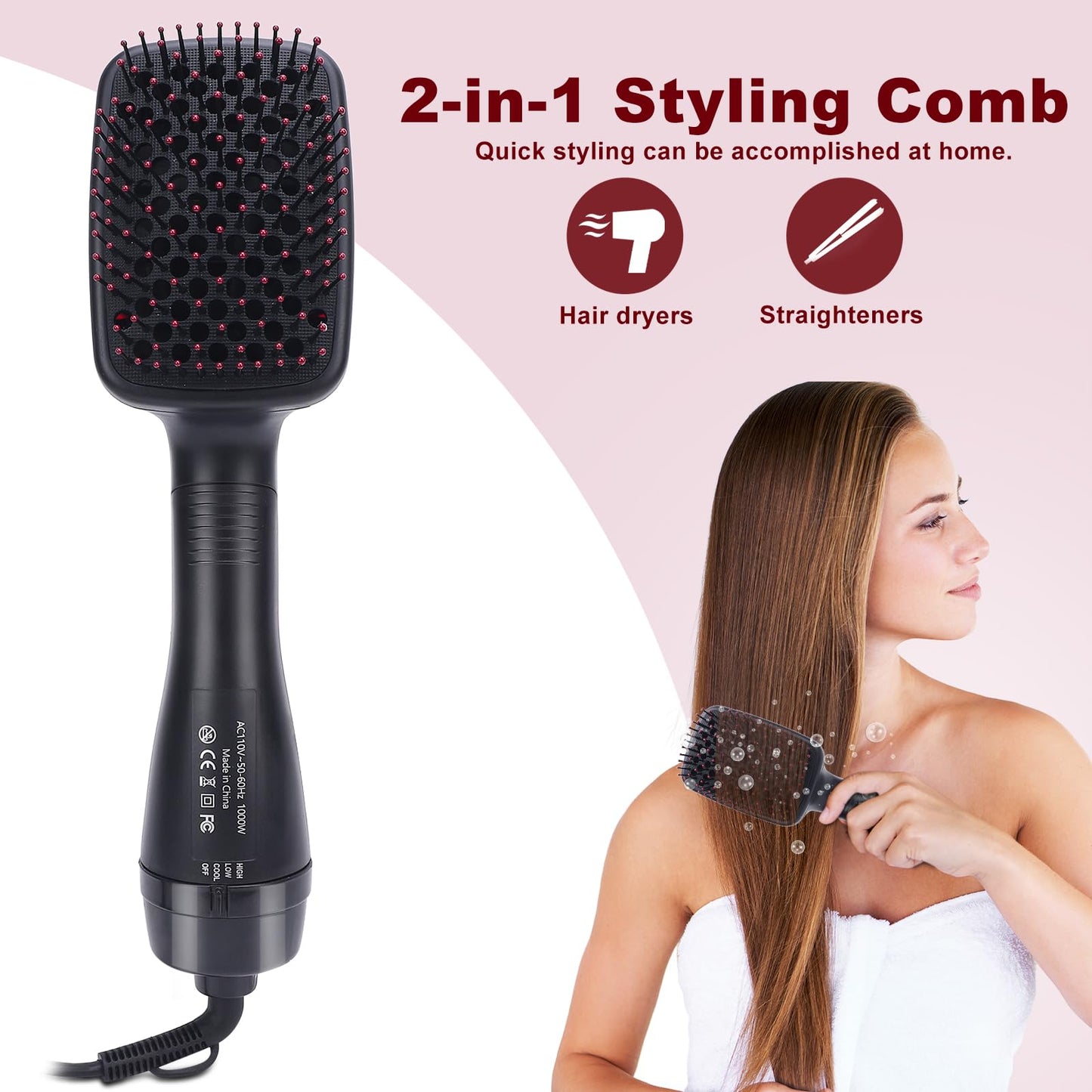 Sonew negative ion hot air brush paddle head highlighting the detangling bristles layout