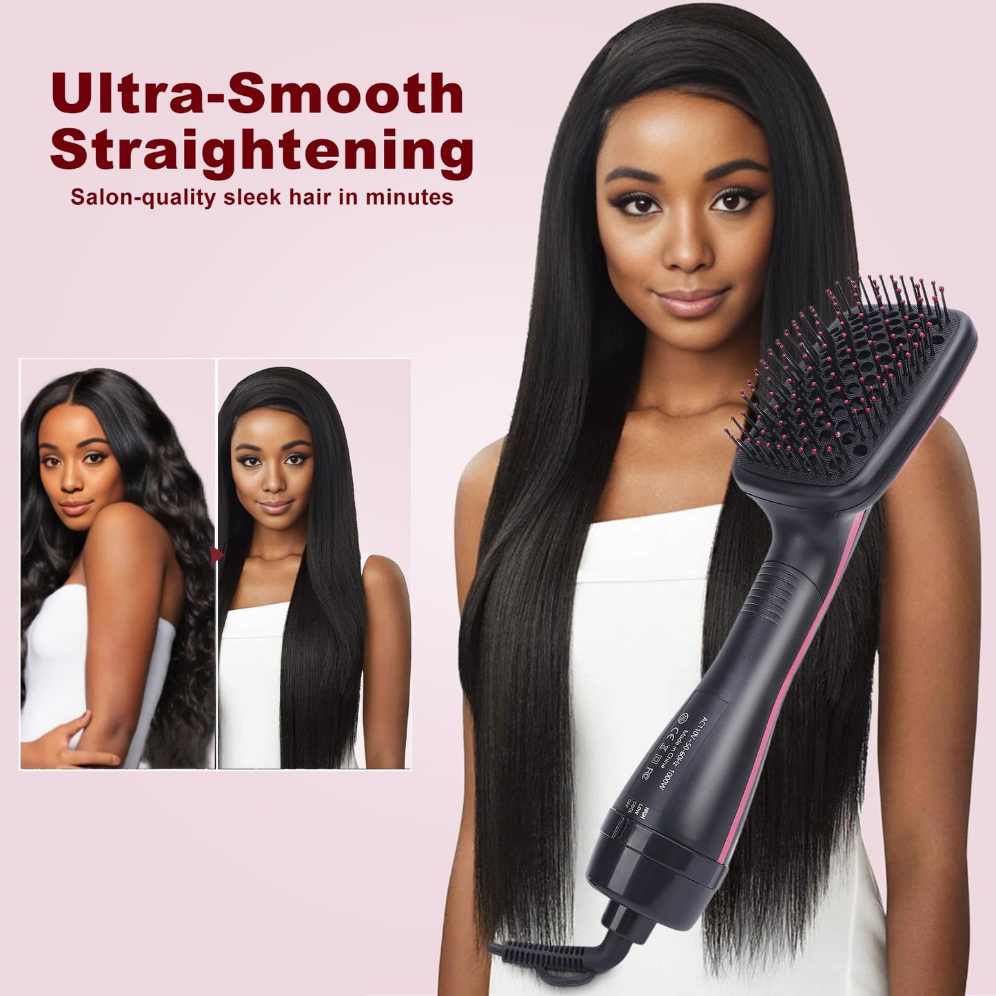 Sonew blow dryer brush being used to smooth and straighten damp hair strands