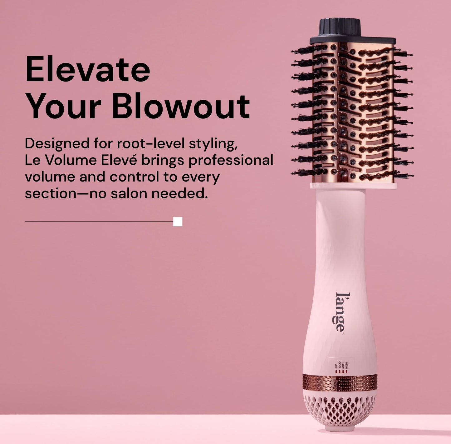 L'ANGE HAIR Le Volume Elevé hot air styler brush displaying the unique patent-pending teardrop shape head.