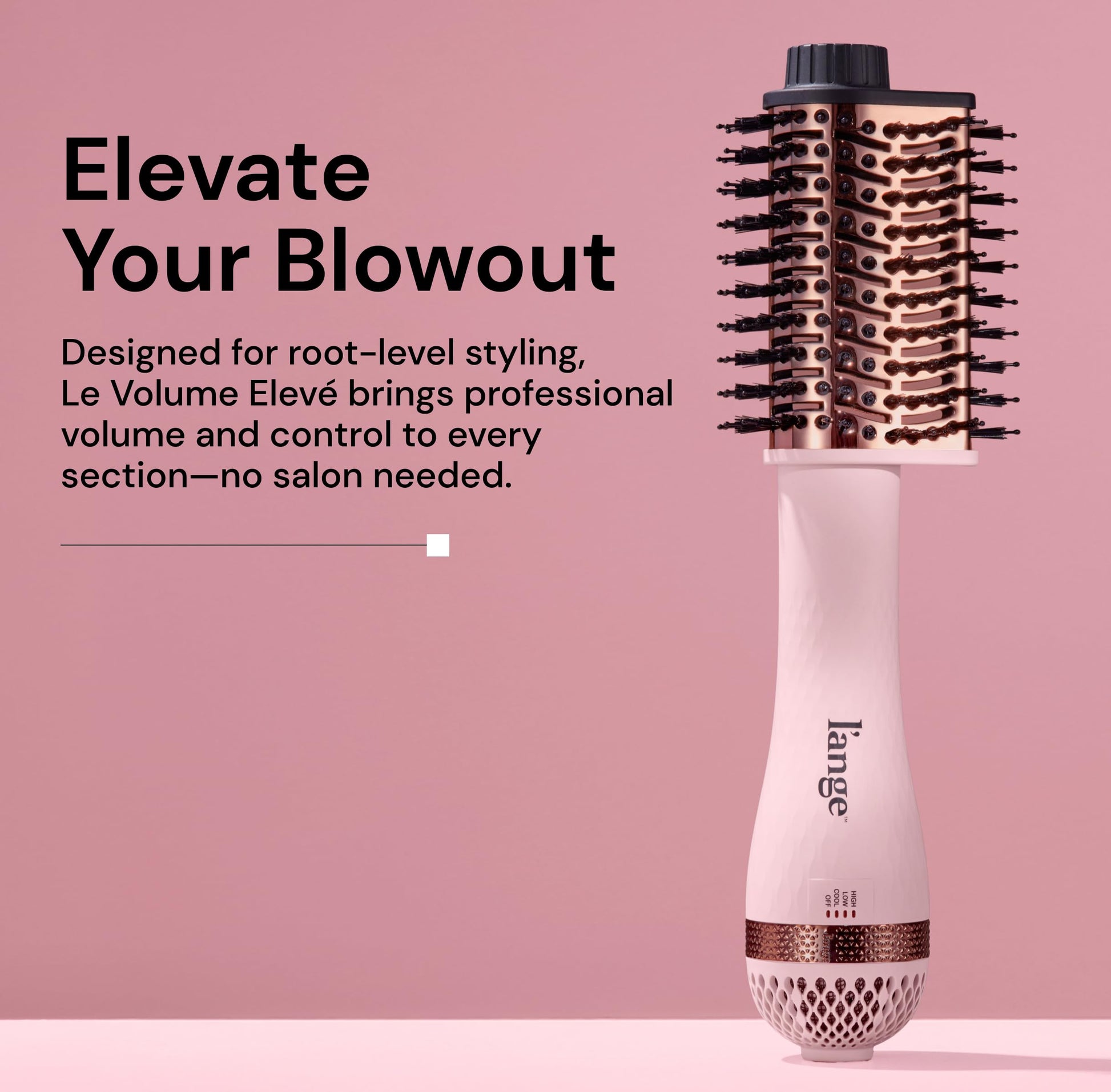 L'ANGE HAIR Le Volume Elevé hot air styler brush displaying the unique patent-pending teardrop shape head.