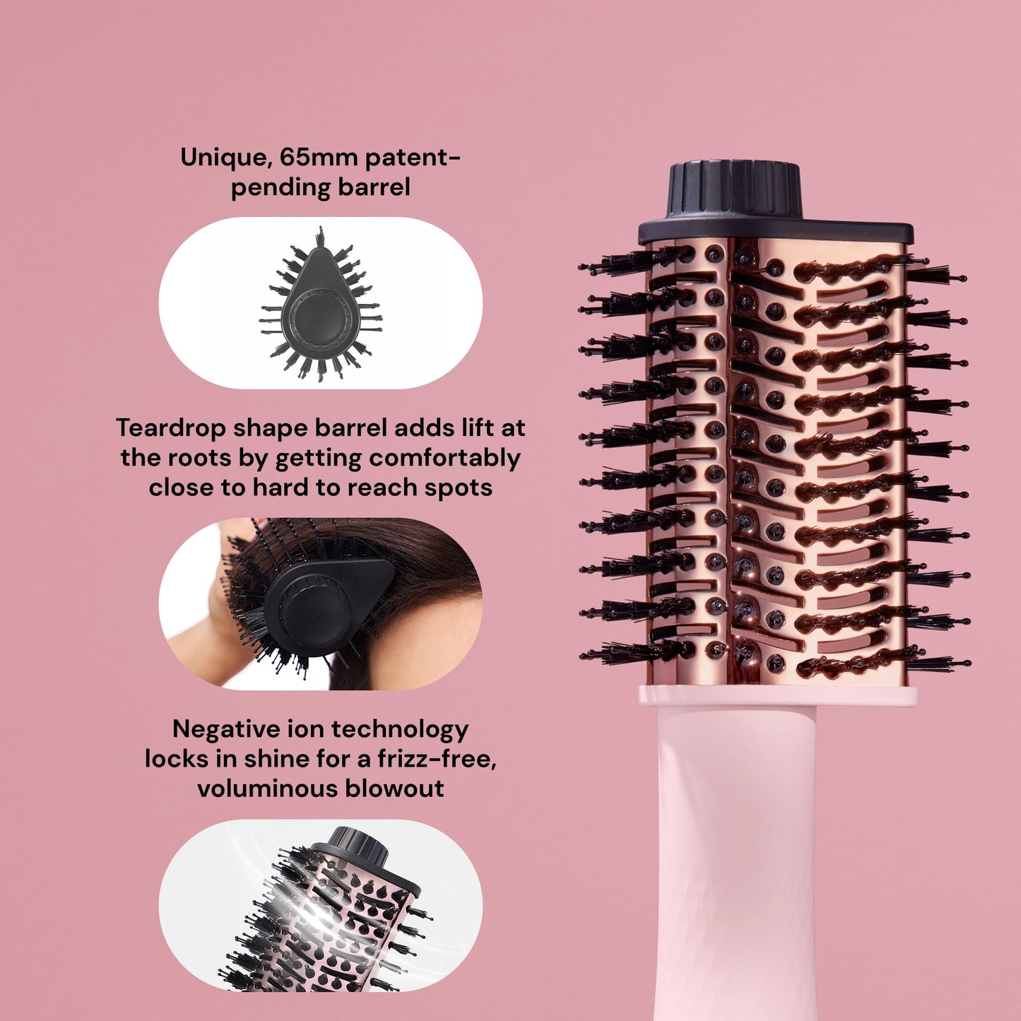 Close-up view of the titanium barrel and dual bristle design on the L'ANGE HAIR blow dryer brush.