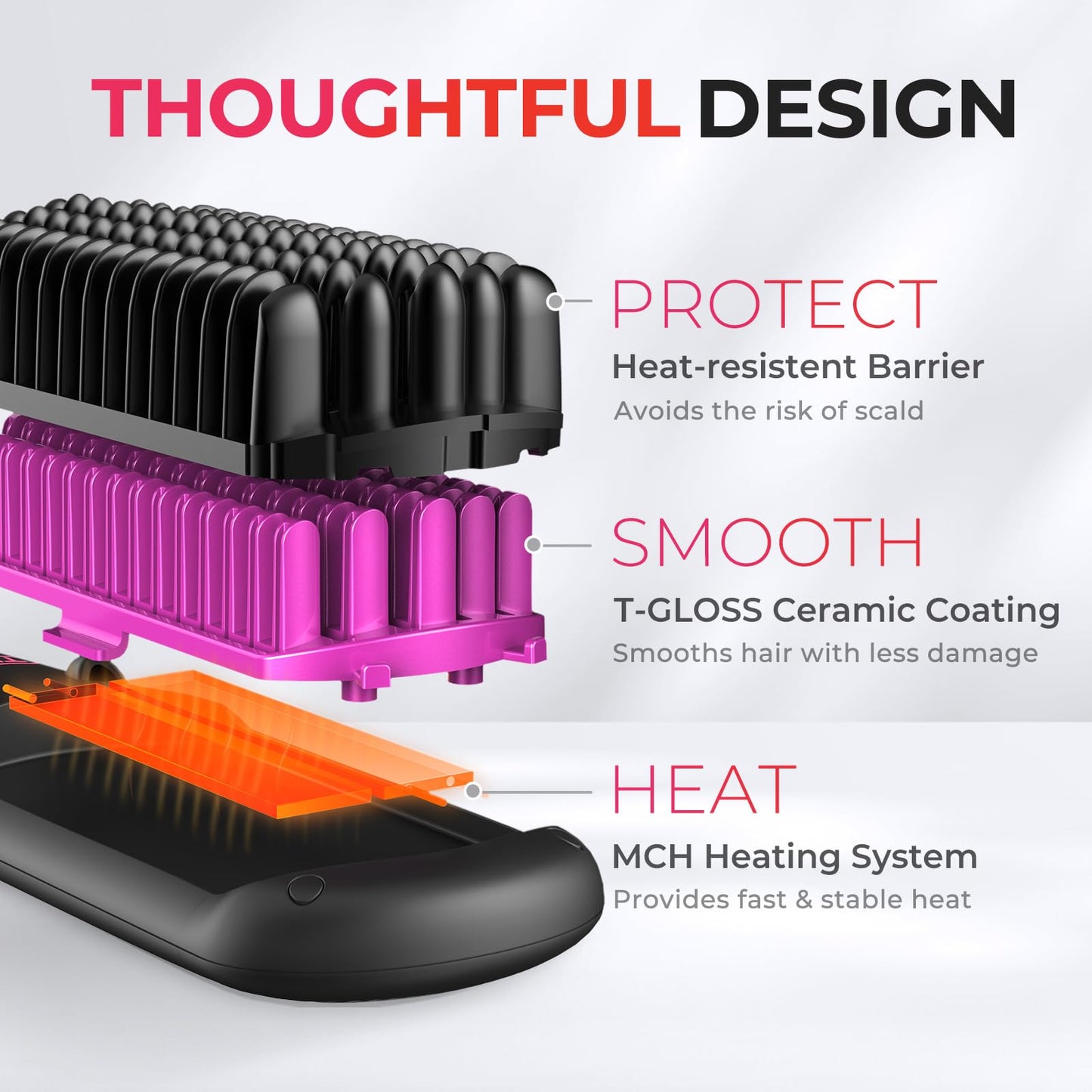 TYMO negative ion hair brush highlighting the sleek ergonomic handle for comfortable grip