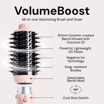 L'ANGE HAIR VolumeBoost blowout brush close up on the sixty millimeter ceramic barrel infused with coconut oil