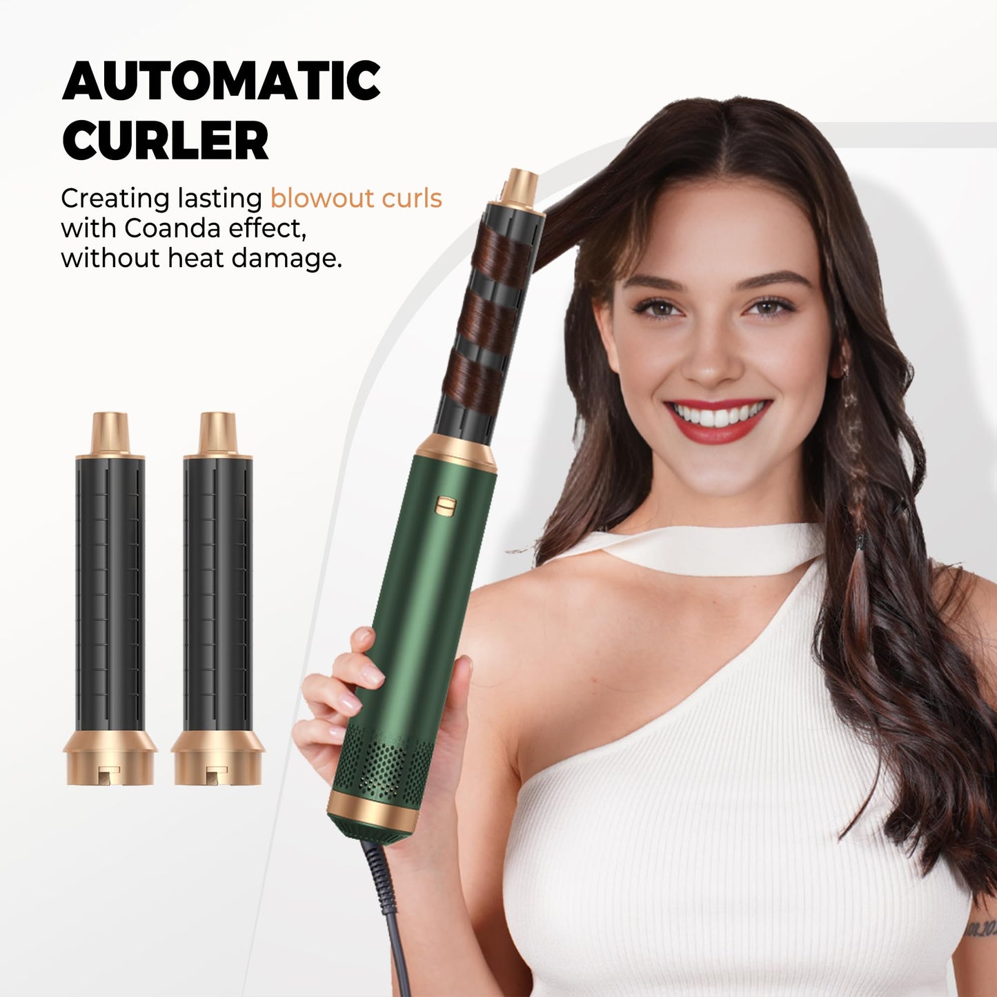 OKWRAP hot air brush set with auto curling wrap barrels arranged neatly.