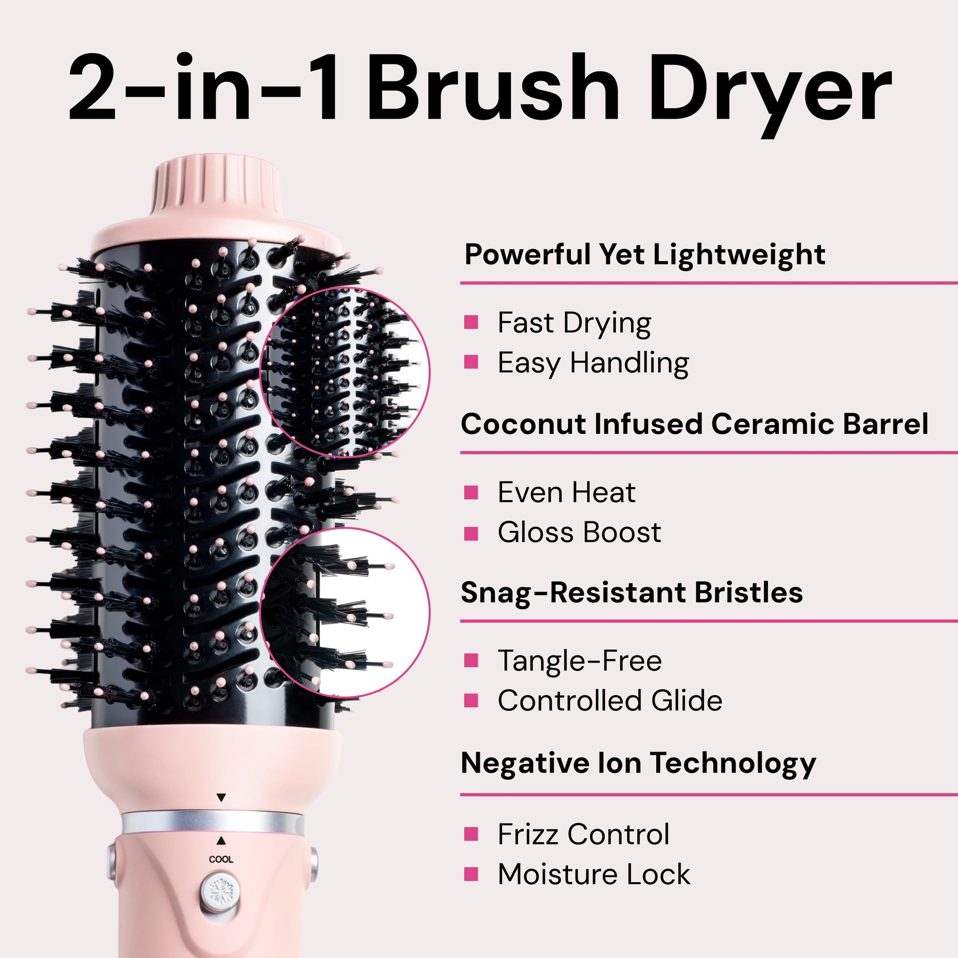 L'ANGE HAIR professional volumizing hot air brush angled view displaying the dual bristle pattern for detangling