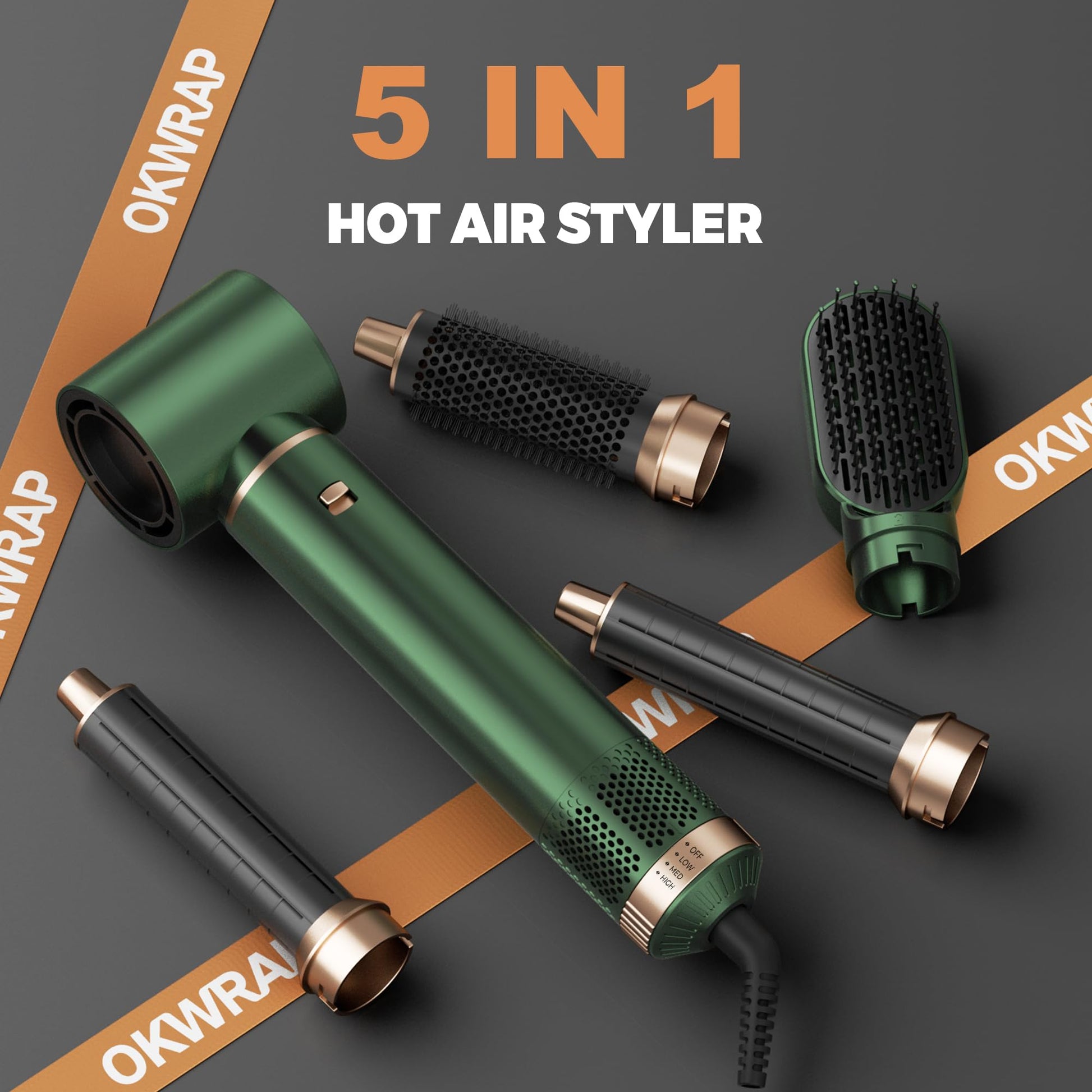 Professional hair dryer brush system being adjusted for temperature control.