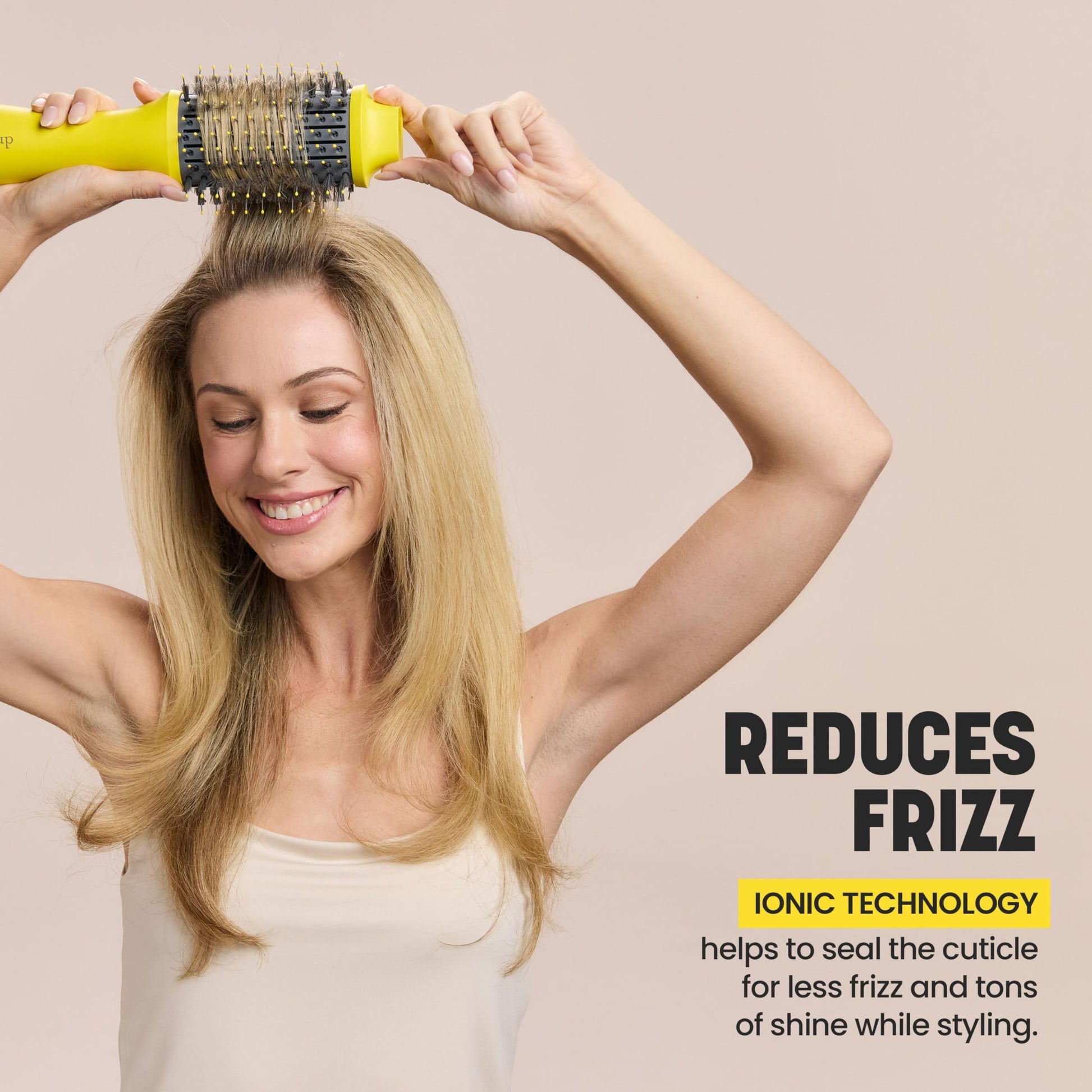 Drybar yellow round blow dryer brush angled view counter display