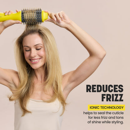 Drybar yellow round blow dryer brush angled view counter display